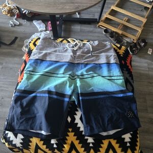 No Boundaries Blue and Green Striped Swim Shorts